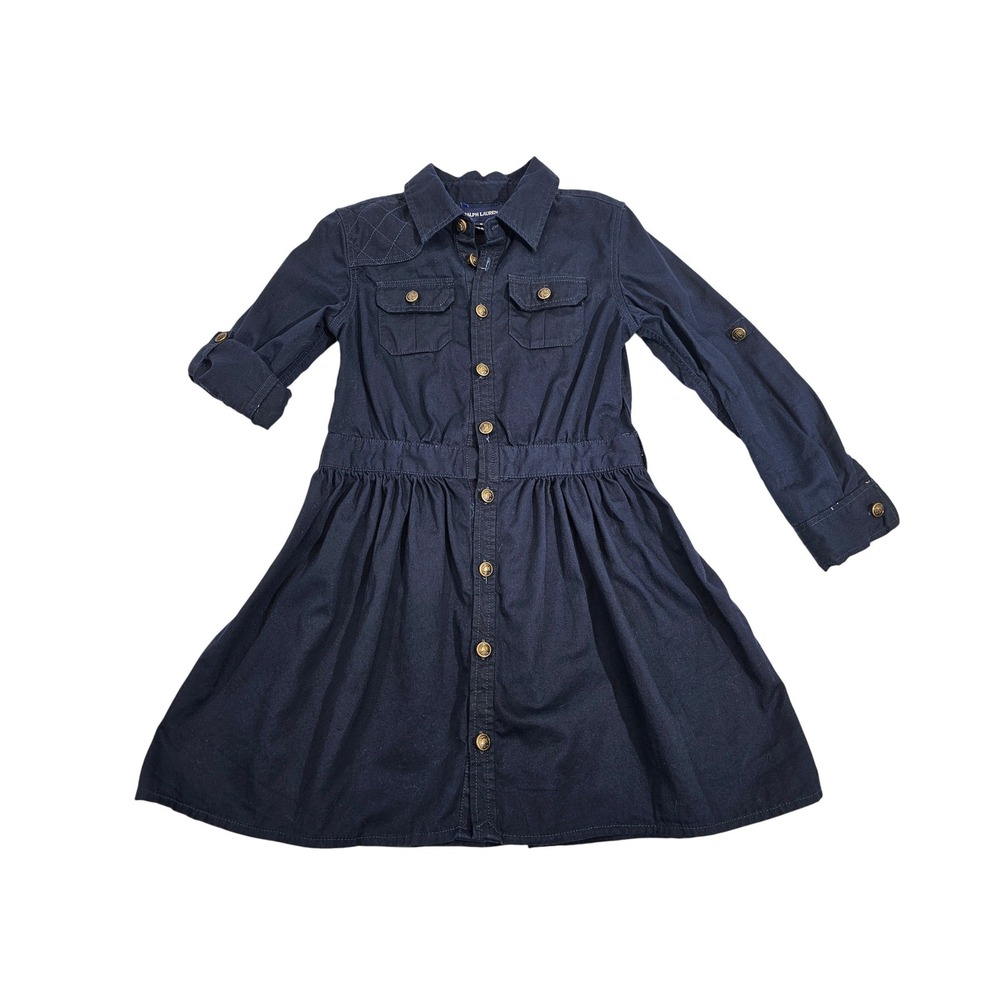 Ralph Lauren Shirt Dress Kids 6 Navy Blue Cotton Button Down Long Sleeve Classic